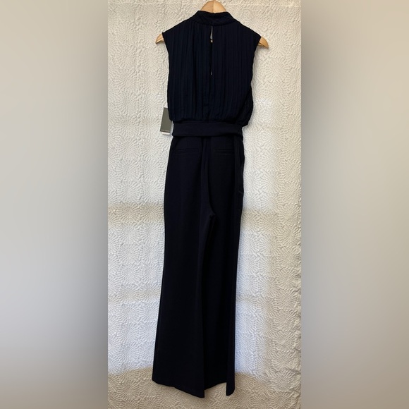 Julia Jordan Pleated Chiffon Crepe Tie Waist Jumpsuit Size 4 Navy Straight Leg - Picture 12 of 13